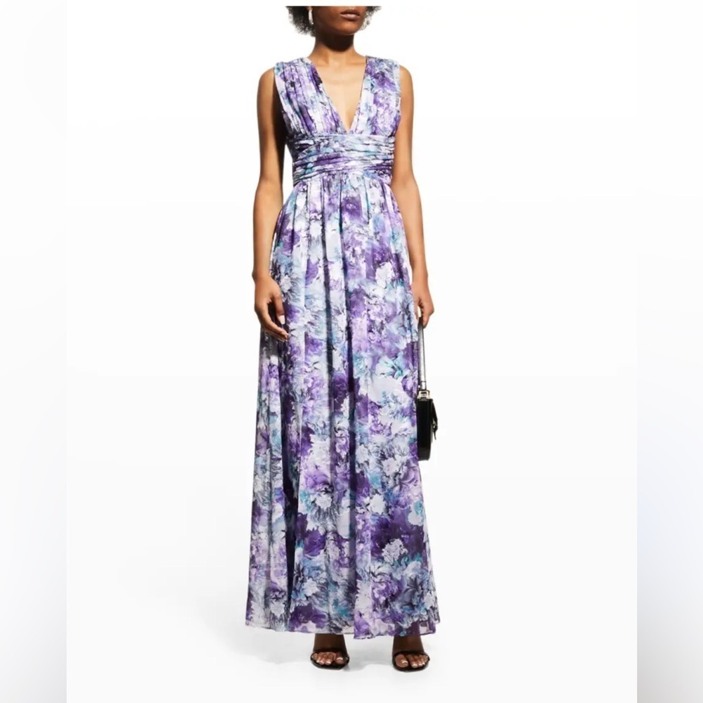 ✅ DRESS THE POPULATION Jaclyn Pleated Purple Floral A-Line Gown Dress Women S